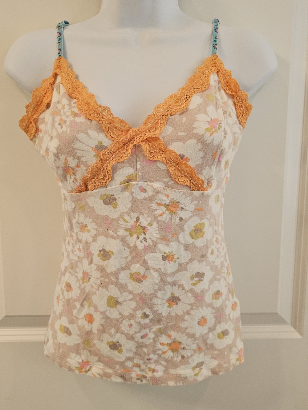 Free People Women's Floral Lace-Trim Camisole in Peach & Tan & Orange Size L